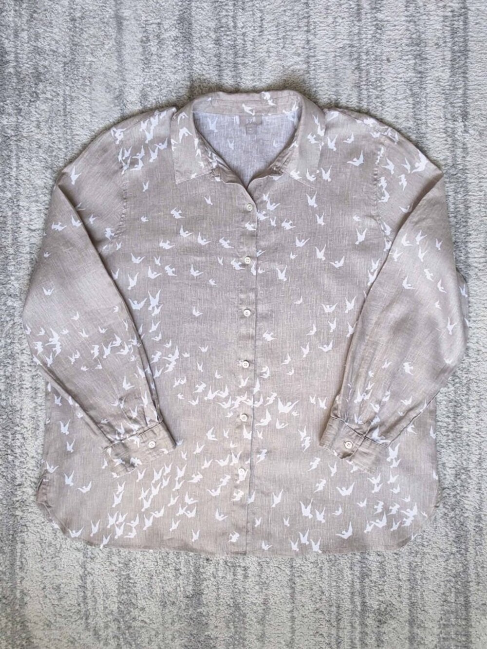 J. Jill 100% Linen Dove Bird Coastal Tan Khaki Button Down Long Sleeve Shirt XL - Picture 4 of 12